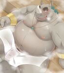  2021 another_eidos_of_dragon_vein_r anthro bake_gosut belly blush bodily_fluids bulge genital_fluids genital_outline genitals grey_body hi_res humanoid_hands kemono male mammal moobs nipples overweight overweight_male penis penis_outline precum rhinocerotoid romanes sauna sitting solo sweat towel 