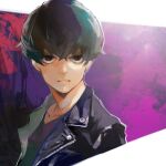  1boy bangs black_eyes black_jacket collarbone expressionless grey_background jacket kaneki_ken kyuuba_melo looking_at_viewer male_focus open_clothes open_jacket purple_background short_hair solo tokyo_ghoul upper_body 