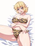  1girl animal_print bed_sheet bikini blonde_hair blush breasts eyebrows_visible_through_hair fang green_eyes highres large_breasts looking_at_viewer mizuhashi_parsee ootsuki_wataru open_mouth pointy_ears print_bikini short_hair simple_background sitting solo sweatdrop swimsuit thighs tiger_print touhou white_background yellow_bikini 