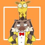  2021 anthro bow_tie brown_body clothing duo embrace eyewear giraffe giraffid glasses hug hugging_from_behind humanoid_hands kemono kensuke_shibagaki_(odd_taxi) mammal natsumeggggg odd_taxi satoshi_nagashima_(odd_taxi) shirt slightly_chubby suid suina sus_(pig) topwear wild_boar yellow_body 