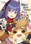  1boy 1girl 2022 :3 :d :o android animal_hands bangs blue_hair breasts commentary_request eyebrows_visible_through_hair goggles goggles_on_head happy_new_year highres kinagi_(3307377) leotard long_hair looking_at_viewer new_year nopon open_mouth poppi_(xenoblade) poppi_qtpi_(xenoblade) robot_ears smile tiger_paws tora_(xenoblade_2) xenoblade_chronicles_(series) xenoblade_chronicles_2 yellow_eyes 