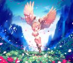  1girl absurdres aqua_eyes armpits arms_up breasts cleavage commentary_request copyright_request feathered_wings floating_hair flower harpy highres leaf medium_breasts monster_girl navel petals pink_flower pink_hair plant solo tokonatu wide_shot winged_arms wings 