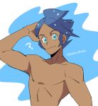  1boy ? blue_background blue_eyes blue_hair closed_mouth collarbone commentary_request dark-skinned_male dark_skin hand_on_own_head hand_up male_focus marlon_(pokemon) momoji_(lobolobo2010) pokemon pokemon_(game) pokemon_bw2 short_hair smile solo topless_male upper_body 