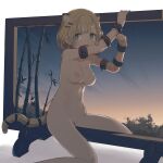  1girl animal_ears bamboo blonde_hair breasts commentary_request completely_nude female_pubic_hair grey_eyes hair_ornament hairclip highres legs looking_to_the_side medium_breasts miyako_(naotsugu) navel nipples nude open_mouth original pubic_hair short_hair sitting sky sunset tail thighs tiger_ears tiger_girl tiger_tail 