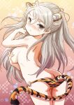  1girl animal_ears animal_print blush breasts brown_eyes conte_di_cavour_(kancolle) cowboy_shot fuji_(pixiv24804665) hair_between_eyes highres kantai_collection large_breasts long_hair open_mouth silver_hair solo tail tiger_ears tiger_print tiger_tail 