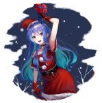  1girl :d absurdres armpits bangs bare_shoulders bell belt blue_eyes blue_hair box choker collarbone colored_inner_hair contrapposto dress fur-trimmed_dress fur_trim gift gift_box gloves hair_between_eyes hat heart-shaped_box highres holding holding_gift hololive hoshimachi_suisei kinoko_(shikimylove) long_hair looking_at_viewer multicolored_hair neck_bell off-shoulder_dress off_shoulder open_mouth red_choker red_dress red_gloves red_headwear santa_costume santa_dress santa_hat short_dress short_sleeves side_bun smile solo star_(symbol) star_in_eye symbol_in_eye virtual_youtuber 