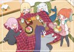  apron bangs blonde_hair blue_eyes blue_hair chopsticks cup drinking_glass food gawr_gura happi highres hololive hololive_english hotpot japanese_clothes kagami_mochi kotatsu long_hair mittens mochi mori_calliope multicolored_hair multiple_girls neru_(flareuptf1) new_year ninomae_ina&#039;nis open_mouth pillow short_hair sitting sleeping streaked_hair table takanashi_kiara virtual_youtuber watson_amelia wine_glass 