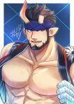  1boy abs absurdres bandaged_hand bandages bara bare_pectorals beard black_hair broken_horn demon_boy demon_horns facial_hair fang happi headband highres horns japanese_clothes kageru_(mofnyan) large_pectorals male_focus mature_male muscular muscular_male nessen_(live_a_hero) nipples pectorals short_hair solo tokyo_afterschool_summoners upper_body 