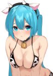  1girl absurdres alternate_breast_size animal_ears animal_print bare_shoulders bell bikini black_hairband blue_eyes blue_hair blush breasts cleavage collar cow_ears cow_horns cow_print eyebrows_behind_hair fake_animal_ears fake_horns hairband hatsune_miku highres horns large_breasts long_hair looking_at_viewer neck_bell neko_no_suke_(nekoneco118) parted_lips print_bikini simple_background solo sweat swimsuit twintails upper_body very_long_hair vocaloid white_background white_bikini 
