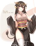  1girl :d absurdres animal_ears bangs bell black_hair black_kimono black_sleeves blush breasts brown_sweater chinese_zodiac commentary_request cow_ears cow_girl cow_horns cow_tail detached_sleeves english_text eyebrows_visible_through_hair hair_between_eyes hand_on_hip highres horns japanese_clothes kimono large_breasts long_hair long_sleeves looking_at_viewer mole mole_on_thigh mole_under_eye non_(wednesday-classic) obi original personification purple_eyes ribbed_sweater ribbon-trimmed_sleeves ribbon_trim sash simple_background sleeveless sleeveless_turtleneck smile solo sweater tail thighhighs turtleneck turtleneck_sweater white_background white_legwear wide_sleeves year_of_the_ox 