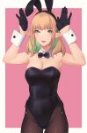  1girl :d animal_ears bare_shoulders black_bow black_bowtie black_gloves black_hairband black_leotard blonde_hair bow bowtie breasts bunny_pose colored_inner_hair commentary_request cowboy_shot detached_collar earrings elf eluaria fake_animal_ears fishnet_legwear fishnets gloves green_eyes green_hair hairband hands_up highres hikichi_sakuya jewelry large_breasts leotard long_hair looking_at_viewer mole mole_on_shoulder mole_under_eye multicolored_hair original pantyhose pink_background playboy_bunny pointy_ears rabbit_ears simple_background smile solo two-tone_hair wrist_cuffs 