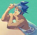  1boy adjusting_eyewear aqua_eyes blue_hair commentary_request goggles green_background looking_to_the_side male_focus marlon_(pokemon) momoji_(lobolobo2010) parted_lips pokemon pokemon_(game) pokemon_bw2 short_hair smile solo topless_male water wet 