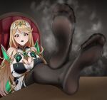 absurdres black_legwear blonde_hair breasts cleavage_cutout clothing_cutout crossed_arms crossed_legs feet foot_focus foot_up gloves greek_toe hair_ornament highres large_breasts long_hair mythra_(xenoblade) open_mouth pantyhose smelly_feet soles toes tsa white_gloves xenoblade_chronicles_(series) xenoblade_chronicles_2 yellow_eyes 