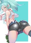  1girl ass bare_arms bare_shoulders bike_shorts black_legwear breasts cameltoe closed_mouth hand_up highres large_breasts light_blue_hair long_hair looking_back no_bra pantylines ryouko_(tenchi_muyou!) shirt sidelocks single_thighhigh smile solo split_mouth sugishin46 tank_top tenchi_muyou! thighhighs tongue tongue_out underboob white_shirt yellow_eyes 