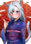  1girl 2022 absurdres alcohol animal_ears asa_no_ha_(pattern) black_hair blue_eyes blue_kimono blush checkered_background chinese_zodiac closed_mouth commentary_request cup egasumi eyebrows_visible_through_hair floral_print hand_up happy_new_year highres holding holding_cup japanese_clothes kimono long_hair long_sleeves looking_at_viewer multicolored_hair new_year obi original print_kimono red_background sakazuki sake sash seele0907 seigaiha silver_hair smile solo streaked_hair tail tiger_ears tiger_girl tiger_tail tsurime two-tone_hair upper_body wide_sleeves year_of_the_tiger yukata 