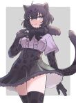  1girl animal_ears black_bow black_bowtie black_fur black_gloves black_hair black_jaguar_(kemono_friends) black_legwear black_skirt blue_eyes blush bow bowtie center_frills commentary_request cowboy_shot elbow_gloves eyebrows_visible_through_hair frills from_below fur_collar fur_trim gloves high-waist_skirt jaguar_ears jaguar_girl jaguar_print jaguar_tail kemono_friends looking_at_viewer print_gloves print_legwear print_skirt purple_shirt shirt short_hair short_sleeves skirt solo tail thighhighs tmtkn1 zettai_ryouiki 