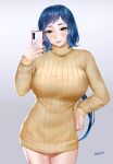  1girl artist_name blue_hair breasts cellphone chinese_commentary closed_mouth commentary_request cowboy_shot easonx english_commentary eyelashes gradient gradient_background green_eyes gundam gundam_build_fighters hand_up highres holding holding_phone iori_rinko large_breasts long_hair long_sleeves mixed-language_commentary phone ribbed_sweater smartphone smile solo standing sweater turtleneck turtleneck_sweater very_long_hair yellow_sweater 