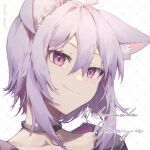  1girl ahoge animal_ear_fluff artist_name bangs black_choker cat_girl character_name chinese_commentary choker closed_mouth commentary_request eyebrows_visible_through_hair hair_between_eyes hidari_yuuko hololive long_hair looking_at_viewer nekomata_okayu purple_eyes purple_hair simple_background smile solo virtual_youtuber 
