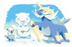  +_+ border brown_eyes closed_mouth commentary_request fang fang_out fangs highres holding no_humans open_mouth orange_eyes oshawott pokemon pokemon_(creature) samurott smile snow snow_sculpture tongue torinoko_(miiko_draw) white_border 