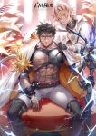  2boys 2r-_(pixiv8168114) abs alchemy_stars bare_pectorals black_hair bulge cape feet_out_of_frame highres igote lightning looking_at_viewer male_focus multiple_boys muscular muscular_male navel navigator_(alchemy_stars) nipples pants pectorals pittman_(alchemy_stars) planted short_hair sitting stomach white_cape white_pants 