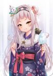  1girl :q bangs blunt_bangs blush cat closed_mouth cotton_candy hair_bun hair_ornament hexagram_hair_ornament highres hololive japanese_clothes kimono long_hair long_sleeves looking_at_viewer murasaki_shion obi purple_kimono sash shimokirin shrimp_hair_ornament side_bun silver_hair smile solo standing tongue tongue_out very_long_hair virtual_youtuber yellow_eyes 