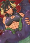  1boy :q abs bara bat_wings black_eyes black_hair broly_(dragon_ball_super) bulge cleavage_cutout clothing_cutout covered_nipples covered_penis curled_horns dark-skinned_male dark_skin demon_boy demon_horns demon_wings dragon_ball dragon_ball_super feet_out_of_frame gureshi_db halloween_costume highres horns large_pectorals leggings male_focus medium_hair monsterification muscular muscular_male nipples pectoral_cleavage pectorals presenting purple_legwear scar_on_stomach seductive_smile smile solo spiked_hair spread_legs stomach thick_eyebrows thick_thighs thighs tongue tongue_out underpec wings 