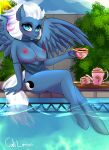  absurd_res anthro big_breasts breasts caliluminos clothing container cup cutie_mark equid equine female fence hi_res kettle looking_up mammal my_little_pony pegapet pegasus plant poolside shrub solo swimwear tea_cup tea_set tray unguligrade_anthro water wings yin_yang 