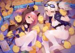  2girls absurdres animal animal_ears azur_lane bird blue_jacket blue_leotard blush breasts brown_jacket commentary_request feet gloves goggles goggles_on_head hairband highres holding holding_animal holding_bird jacket leotard long_hair long_sleeves lying manjuu_(azur_lane) multiple_girls no_shoes on_side one_eye_closed open_clothes open_jacket open_mouth orange_gloves pantyhose pink_hair ponytail short_sleeves small_breasts tearing_up torn_clothes torn_legwear tsubasa_tsubasa twintails u-81_(azur_lane) u-96_(azur_lane) white_hair white_hairband white_legwear white_leotard yellow_eyes 