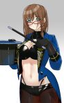  1girl blush breasts brown_hair buffy_(risottosf) charlotte_corday_(fate) cleavage fate/grand_order fate_(series) glasses gloves green_eyes hair_between_eyes highres looking_at_viewer navel short_hair smile 