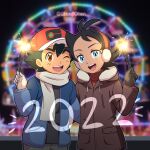  2022 2boys ;d antenna_hair ash_ketchum bangs baseball_cap black_hair blue_eyes blue_jacket blush brown_eyes commentary earmuffs eyelashes fireworks gloves goh_(pokemon) hat holding jacket long_sleeves male_focus multiple_boys one_eye_closed open_mouth pokemon pokemon_(anime) pokemon_swsh_(anime) red_headwear sara_bonetti scarf short_hair smile sparkler teeth tongue upper_teeth 