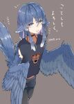  1girl animal_ears bangs bird_ears bird_tail black_shirt blue_feathers blue_hair blue_wings brown_background choker eyebrows_visible_through_hair feather_hair feathered_wings feathers grey_eyes harpy highres long_hair miura_(rnd.jpg) monster_girl open_mouth original rnd.jpg shirt solo t-shirt tail translation_request twitter_username winged_arms wings 