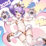  1girl absurdres animal_ears animal_print azur_lane bangs bell blush breasts collar commentary_request eyebrows_visible_through_hair green_eyes hair_between_eyes highres javelin_(azur_lane) kaede_(yumesaki_kaede) looking_at_viewer neck_bell purple_hair short_hair tail thighhighs thighs tiger_ears tiger_girl tiger_print tiger_tail 