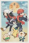  1boy 1girl :d akari_(pokemon) black_hair brown_footwear commentary_request cyndaquil eyelashes grey_eyes grey_jacket hat head_scarf highres holding holding_poke_ball jacket kashiwa_(kasshiwa10) long_hair loose_socks open_mouth oshawott pants pantyhose poke_ball poke_ball_(legends) pokemon pokemon_(creature) pokemon_(game) pokemon_legends:_arceus ponytail red_headwear red_scarf rei_(pokemon) rowlet scarf shirt shoes sidelocks skirt smile starter_pokemon_trio teeth tongue upper_teeth white_headwear white_legwear 