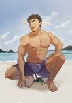  1boy abs absurdres bara beach black_hair bulge crab facial_hair goatee highres large_pectorals maize-sausage male_focus male_swimwear mature_male muscular muscular_male navel navel_hair nipples official_alternate_costume pectorals purple_male_swimwear sand senpai_ga_uzai_kouhai_no_hanashi short_hair solo squatting stomach stubble swim_trunks takeda_harumi_(shiromanta) thick_eyebrows topless_male 