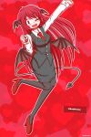  1girl ;d artist_name bangs bat_wings black_legwear black_skirt black_vest character_name collared_shirt demon_tail eyebrows_visible_through_hair full_body head_wings heart heart_background highres koakuma long_hair long_sleeves looking_at_viewer merbromin multiple_wings necktie one_eye_closed open_mouth outline red_background red_eyes red_footwear red_hair red_necktie shirt skirt smile solo tail touhou vest white_outline white_shirt wings 