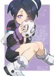  1boy ahoge allister_(pokemon) black_hair blush bright_pupils collared_shirt commentary_request dated gloves holding holding_mask long_sleeves looking_at_viewer male_focus mask nanaura_narina pokemon pokemon_(game) pokemon_swsh purple_eyes shirt shoes short_hair shorts single_glove solo star_(symbol) suspender_shorts suspenders tearing_up white_footwear white_pupils 