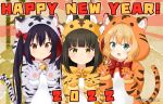  2022 3girls animal_costume animal_ear_fluff animal_ears animal_hands animal_print aqua_eyes azur_lane bangs bell black_hair blonde_hair blunt_bangs blush brown_eyes chinese_zodiac closed_mouth commentary_request eyebrows_visible_through_hair fang gochuumon_wa_usagi_desu_ka? happy_new_year hood hood_up k-on! kirima_sharo long_hair looking_at_viewer medium_hair mitya multiple_girls nagato_(azur_lane) nakano_azusa neck_bell neck_ribbon new_year open_mouth red_ribbon ribbon smile tail tiger_costume tiger_ears tiger_paws tiger_print tiger_tail twintails twitter_username wavy_hair year_of_the_tiger yellow_eyes 