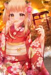  1girl animal_ear_fluff animal_ears blonde_hair blush brown_eyes candy chinese_zodiac cloud commentary floral_print flower foam food hair_flower hair_ornament hands_up highres holding holding_candy holding_food holding_lollipop japanese_clothes kimono lollipop long_sleeves misaki_(misaki86) nengajou new_year obi orange_flower original outdoors pink_flower print_kimono red_kimono sash sky smile solo sunrise tiger_ears torii water white_flower wide_sleeves year_of_the_tiger 