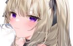  1girl :3 bangs black_ribbon blush close-up closed_mouth commentary_request eyebrows_visible_through_hair eyelashes hair_ribbon light_brown_hair long_hair looking_at_viewer mafuyu_(chibi21) original portrait purple_eyes ribbon signature simple_background solo white_background 