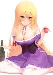  1girl adapted_costume bangs bare_shoulders blonde_hair blush breasts cleavage corset cup dress foot_out_of_frame hair_between_eyes highres holding holding_cup kanpa_(campagne_9) long_hair looking_at_viewer no_hat no_headwear off-shoulder_dress off_shoulder purple_dress simple_background sitting solo touhou very_long_hair white_background yakumo_yukari yellow_eyes yokozuwari 