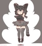  1girl animal_ears arms_up belt black_background black_hair black_serval_(kemono_friends) bow bowtie cat_ears cat_girl cat_tail coroha elbow_gloves extra_ears full_body gloves jumping kemono_friends kemono_friends_3 long_hair looking_at_viewer shirt shoes simple_background skirt sleeveless sleeveless_shirt solo tail thighhighs 