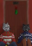 absurd_res alcohol anthro backbone_(game) backbone_(series) beer beer_bottle beverage biped black_nose blush blushing_male bottle bottomwear christmas christmas_clothing clothing colored confusion container door drinking duo ears_up facial_markings friends front_view fur grey_body grey_eyes grey_fur head_markings hi_res holidays howard_lotor humanoid_hands hyacinth1971 inside larry_(backbone) male male/male mammal markings mistletoe pants plant procyonid raccoon roommate simple_background smile sweater tailsnoir_(game) topwear
