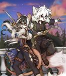 anthro black_hair canid canine clothed clothing dragonfu duo felid feline female fluffy fluffy_tail fox gun hair hi_res hikari_(hikarikurisu) long_hair mammal melee_weapon nie_amur outside ranged_weapon shape_shifter sword tail weapon white_hair