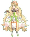  1girl :d bare_shoulders blonde_hair bow butterfly_hair_ornament celine_(fire_emblem) crown dress dress_bow fire_emblem fire_emblem_engage flower full_body green_bow green_eyes green_outline hair_between_eyes hair_flower hair_ornament highres long_hair looking_at_viewer open_mouth orange_bow outline smile solo suu_(dsg4sak) very_long_hair white_background wrist_bow 