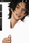  1boy bishounen black_hair fangs freckles grin highres long_hair male_focus one_piece one_piece_(live_action) phoneafrog pointing pointing_at_self portgas_d._ace realistic simple_background smile solo teeth thumbs_up unfinished white_background 