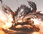  breathing_fire dragon fire gravios green_eyes highres ishiyumi leaning_forward looking_at_viewer monochrome monster_hunter_(series) no_humans solo spot_color wings 