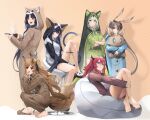  :d absurdres amiya_(arknights) animal_ears arknights bangs barefoot black_hair blaze_(arknights) blue_eyes brown_eyes brown_hair cat_ears cat_girl cat_tail ceobe_(arknights) chair closed_mouth dog_ears dog_girl doll green_eyes highres holding horns kal&#039;tsit_(arknights) long_hair long_sleeves looking_at_viewer lufi_ays medium_hair object_hug onesie open_mouth pajamas purple_eyes rabbit_ears rabbit_girl red_hair saga_(arknights) sandals sitting sleepover sleeves_past_elbows smile stuffed_animal stuffed_toy surtr_(arknights) tail toes 