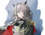  1girl absurdres arknights bad_id bad_twitter_id black_shirt blue_background cape clenched_teeth dragon_horns epaulettes grey_eyes grey_shirt hair_between_eyes hair_intakes highres horns joshua_(shisanli934) long_hair looking_at_viewer official_alternate_costume parted_lips red_cape shirt simple_background sketch smile solo talulah_(arknights) talulah_the_fighter_(arknights) teeth two-tone_shirt upper_body 