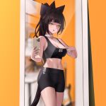  1girl :o absurdres animal_ears bangs black_bra black_hair black_shorts blunt_bangs blurry blurry_background blush bow bra breasts cat_ears cat_girl cat_tail cellphone choker cleavage collarbone cowboy_shot eyebrows_visible_through_hair fieryonion hair_bow highres holding holding_phone large_breasts long_hair looking_at_viewer midriff mirror navel open_mouth original phone ponytail purple_bow selfie shorts sidelocks smartphone solo standing tail teeth underwear white_choker white_nails yellow_eyes 