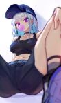  1girl bare_shoulders baseball_cap belt black_choker black_tank_top blue_belt blue_hair breasts bubble_blowing chewing_gum choker hat highres hitanu large_breasts lize_helesta lize_helesta_(8th_costume) long_hair midriff multicolored_hair navel nijisanji purple_eyes shirt sitting sleeveless sleeveless_shirt solo spread_legs tank_top virtual_youtuber white_hair 